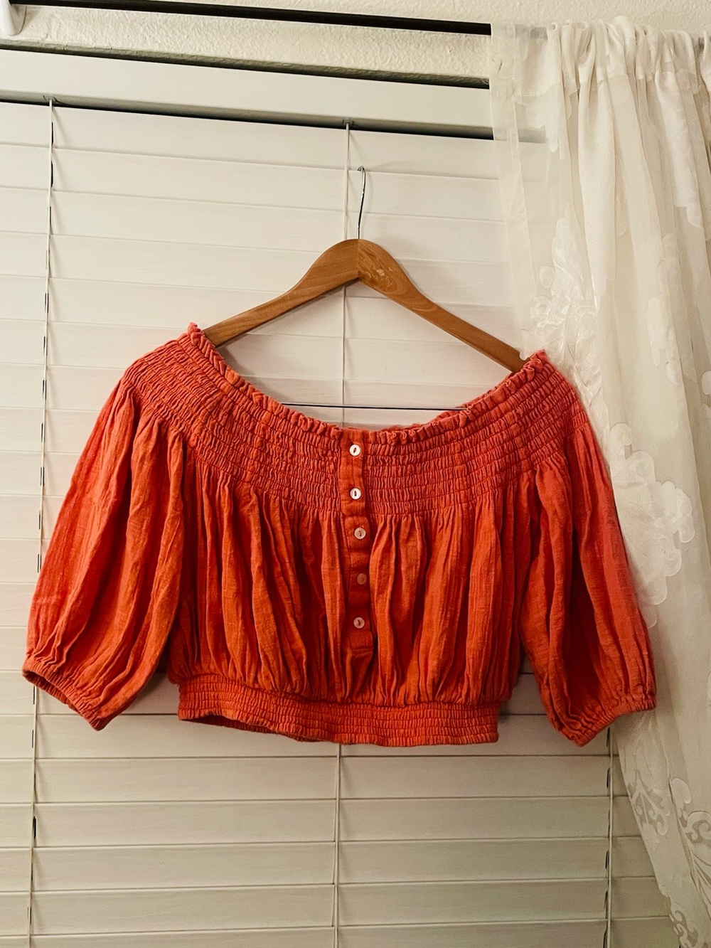 Free People Coral Orange Off-Shoulder Smocked Button-Front Crop Top